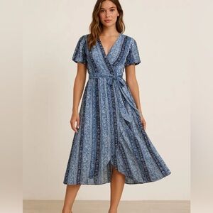 Reformation Womens Floral Faux Wrap Dress V Neck Blue Size 6 EUC